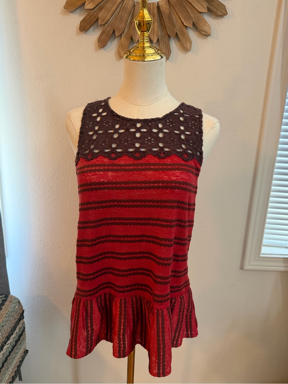 Free People Red & Brown Eyelet Peplum Tank Top